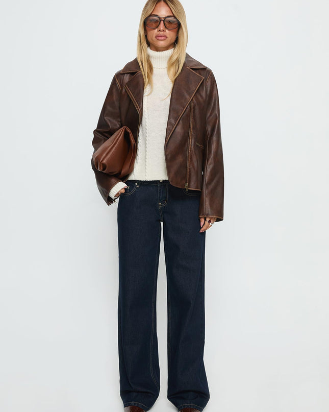 Vyolette Faux Leather Collared Jacket Washed Brown