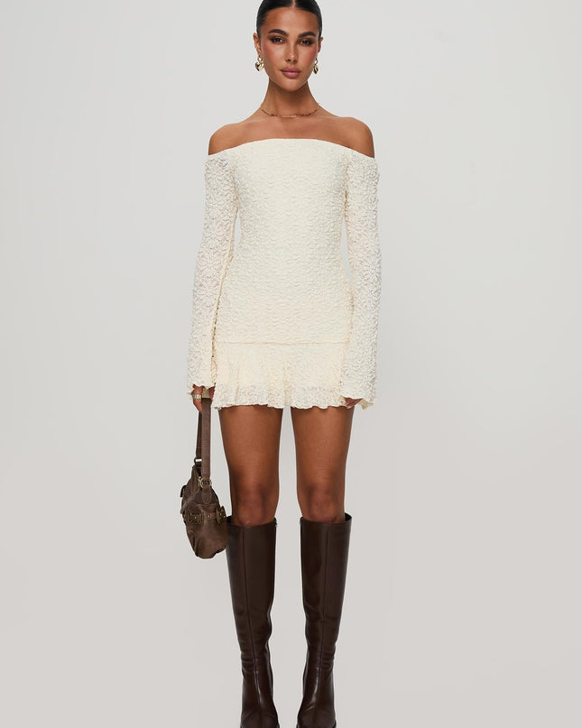 Vancesca Off Shoulder Long Sleeve Mini Dress Cream