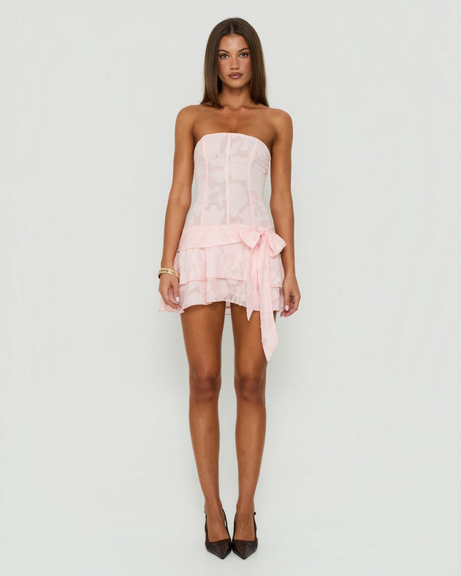 Azuriah Chiffon Strapless Corset Tiered Mini Dress Pink