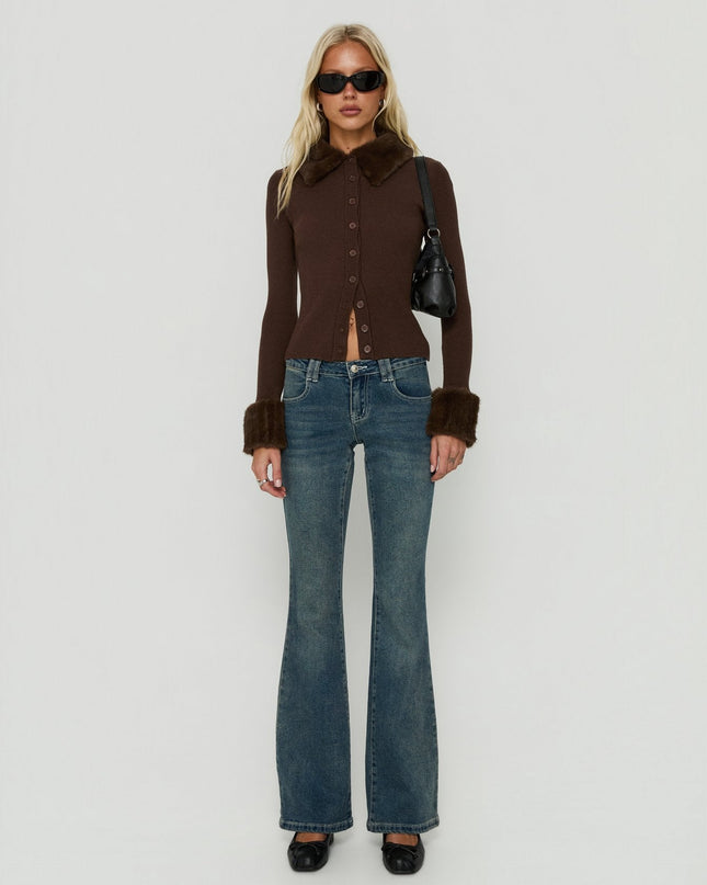 Chiqueeta Faux Fur Trim Knit Cardigan Chocolate