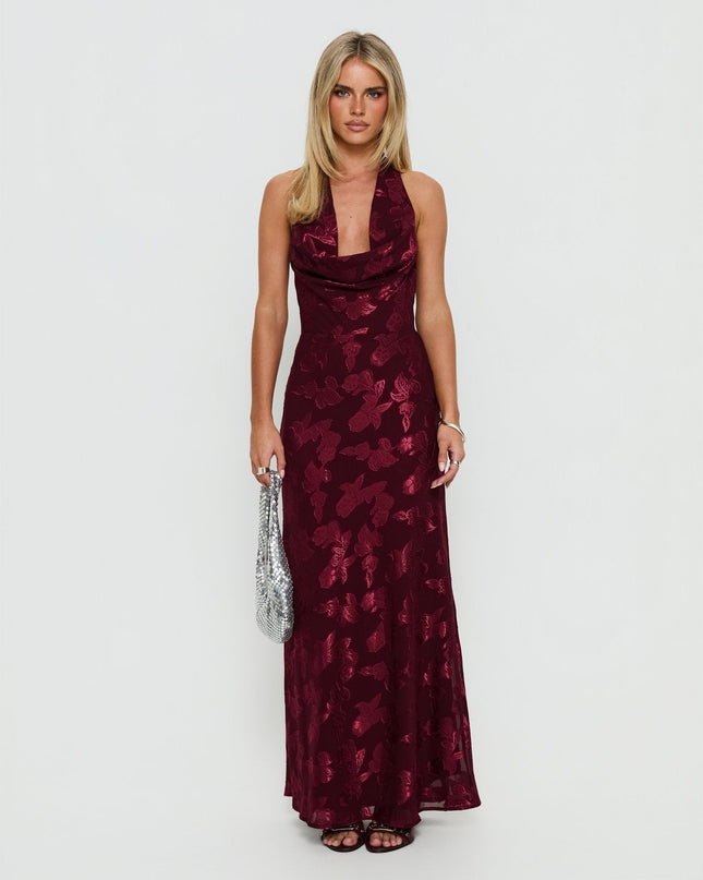 Jazminah Halter Cowl Neck Maxi Dress Burgundy