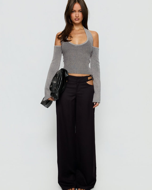 Novelia Halter Long Sleeve Top Black / Grey