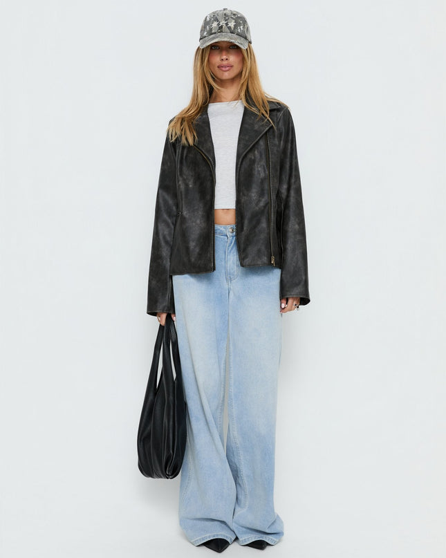 Vyolette Faux Leather Collared Jacket Washed Black