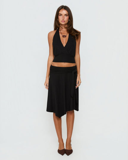Soft Focus Tie Waist Midi Skirt Black