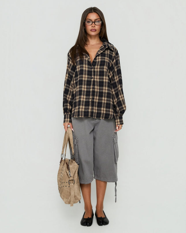 Caydence Long Sleeve Button Down Flannel Top Check Multi