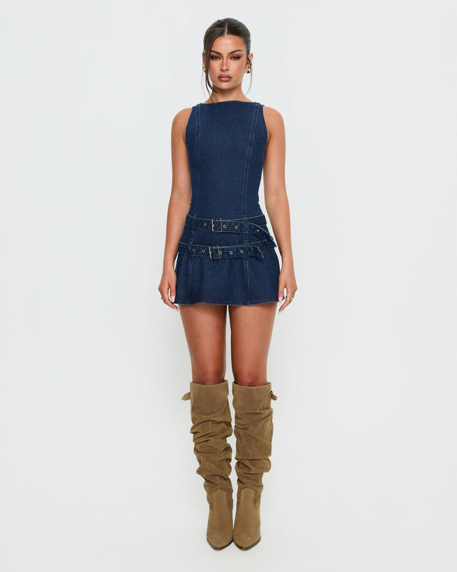 Kainer Denim Buckle Mini Dress Dark Blue Wash