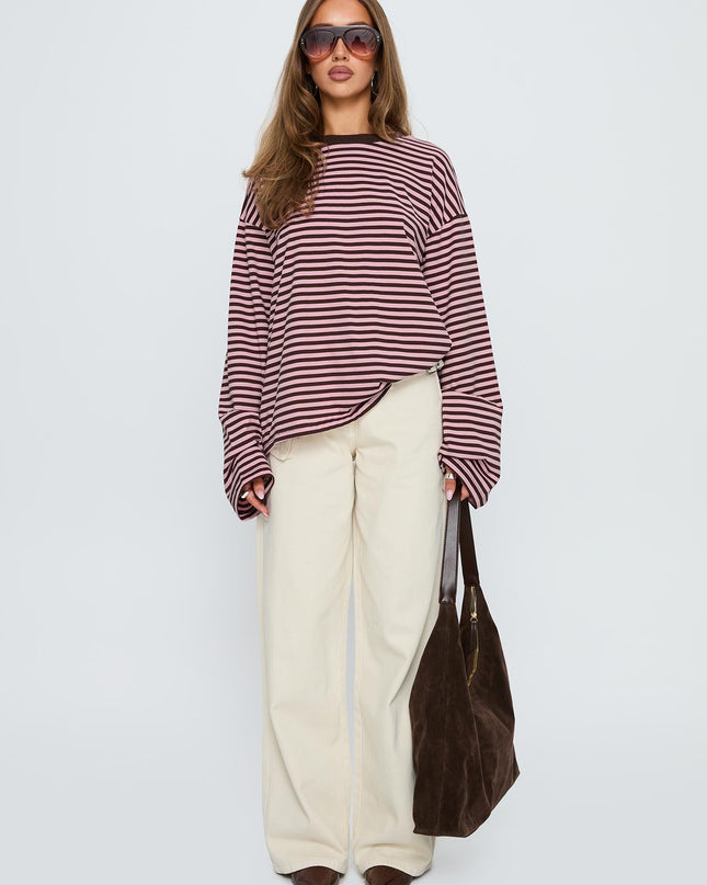 Settle Down Long Sleeve Top Pink / Brown Stripe