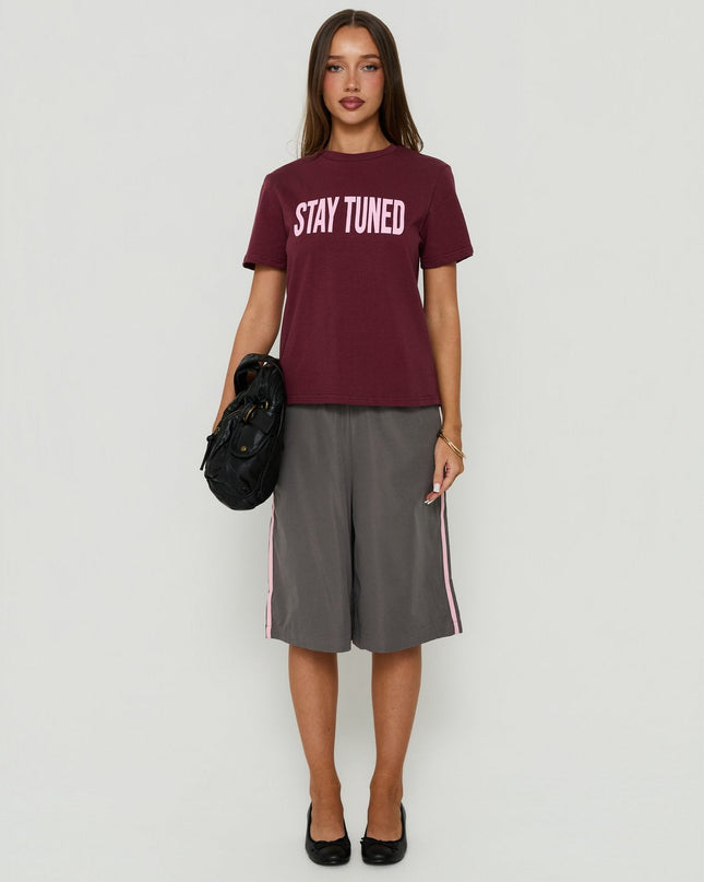 Stay Tuned Graphic Baby Tee Plum