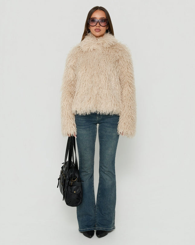 Kaiero Oversized Faux Fur Shag Jacket Cream