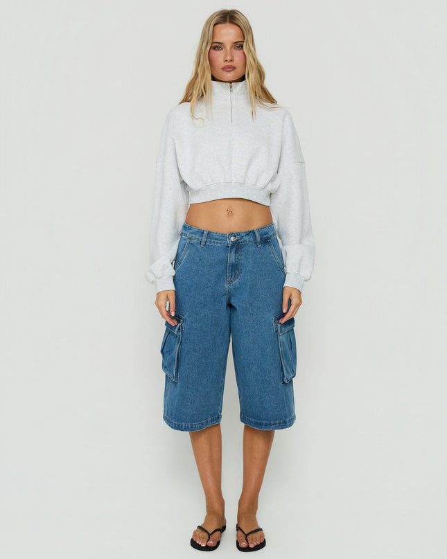 Astridd 3/4 Zip Cropped Jumper Grey Marle