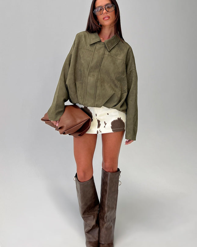 Enlightened Faux Suede Bomber Jacket Khaki