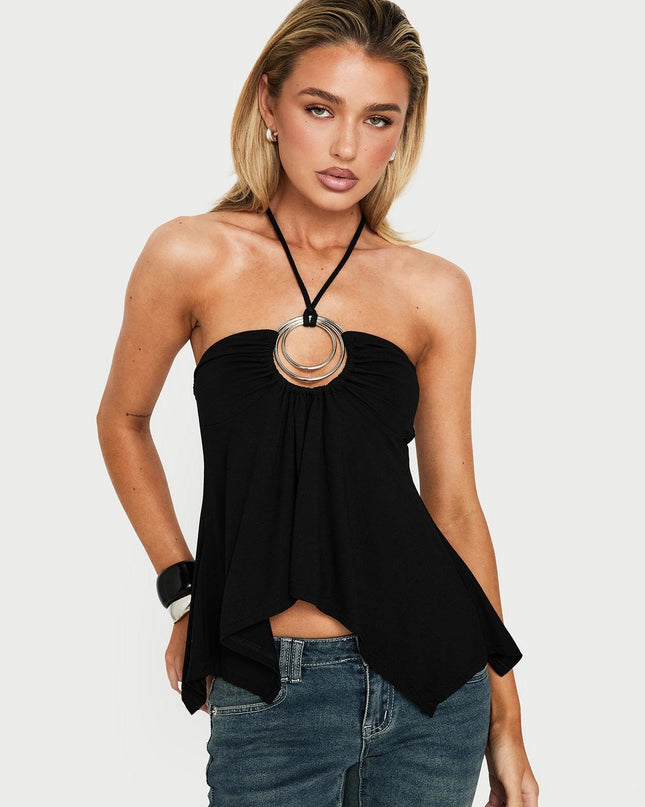 Betsey Ring Detail Tie Neck Top Black