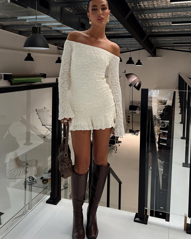 Vancesca Off Shoulder Long Sleeve Mini Dress Cream