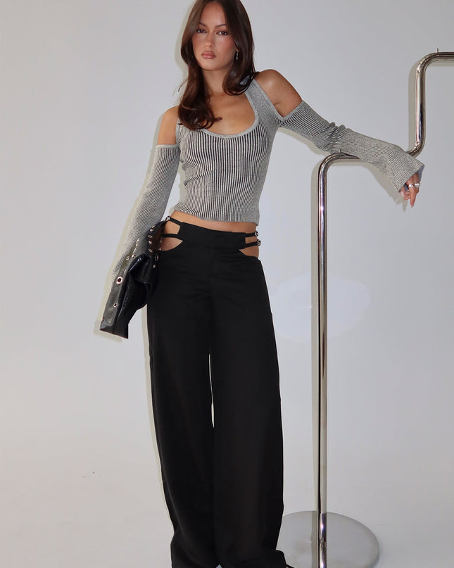 Novelia Halter Long Sleeve Top Black / Grey