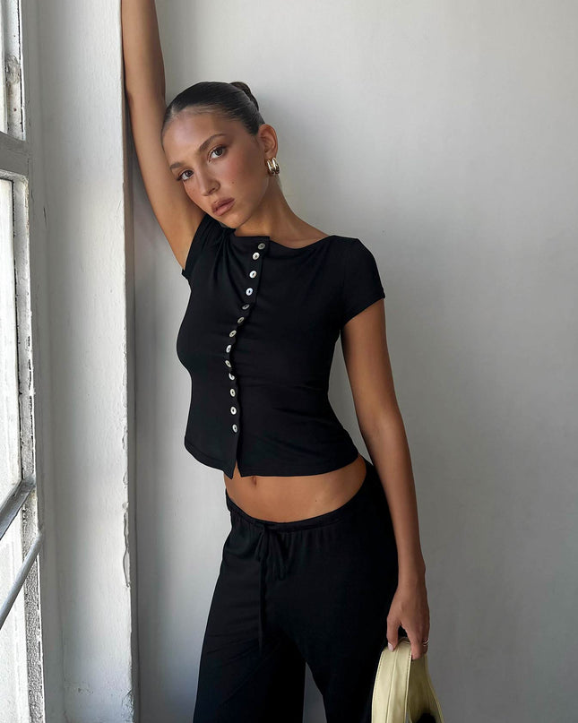 Angellina Jersey Button Down Top Black