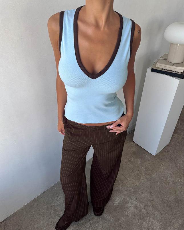 Baseline V Neck Rib Tank Top Blue / Brown