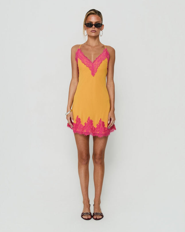Call My Lover Lace Slip Mini Dress Gold / Fuchsia