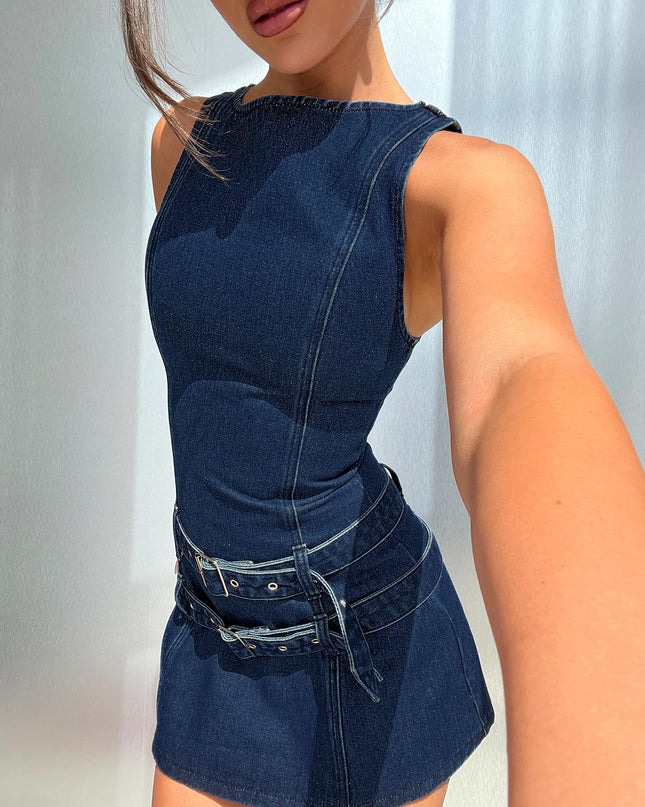 Kainer Denim Buckle Mini Dress Dark Blue Wash