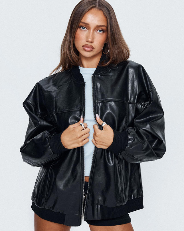 Believe It Faux Leather Bomber Jacket Black