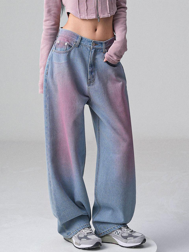 AVANDRESS Women's Pop Pink Brush Denim Pants Light Blue
