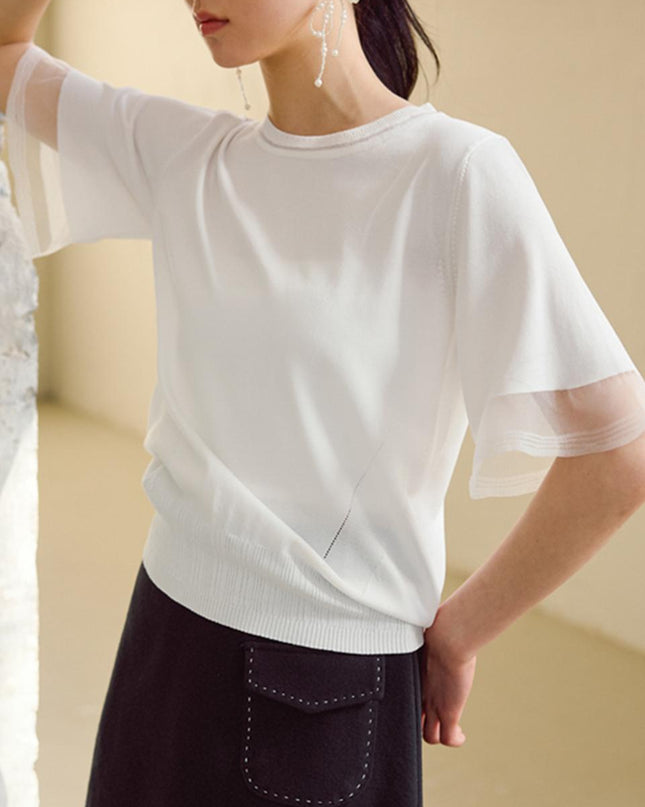 JUARR Women's Sheer Frill Short Sleeve Knit T-shirt