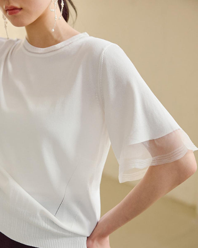 JUARR Women's Sheer Frill Short Sleeve Knit T-shirt