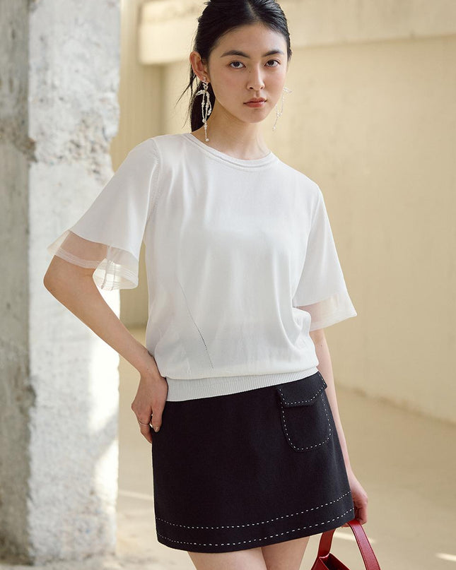 JUARR Women's Sheer Frill Short Sleeve Knit T-shirt