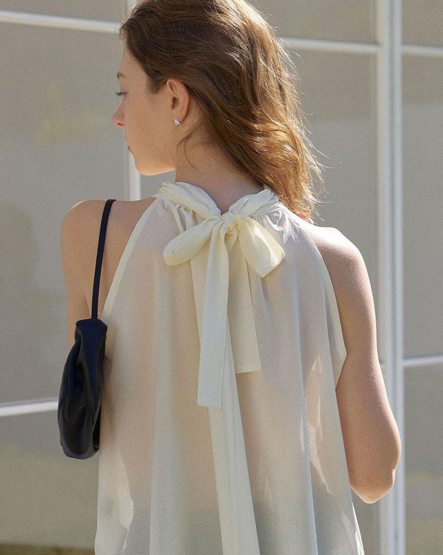 LETTER FROM MOON Women's Bell Ribbon Halter Neck Flare Blouse