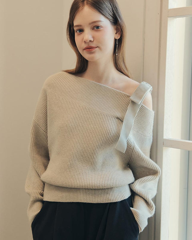 ZEROSTREET Women's Ribbon Off-Shoulder Velvet Sweater