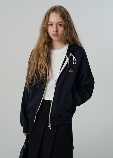 DUNST Women's Leather Logo Semi-Overfit Zip-Up Hoodie French Navy UDTS5A108N2