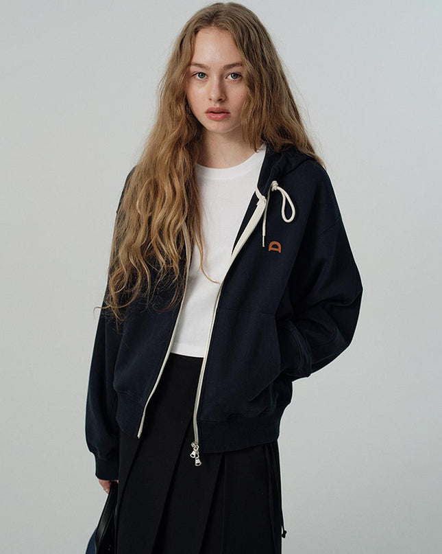 DUNST Women's Leather Logo Semi-Overfit Zip-Up Hoodie French Navy UDTS5A108N2