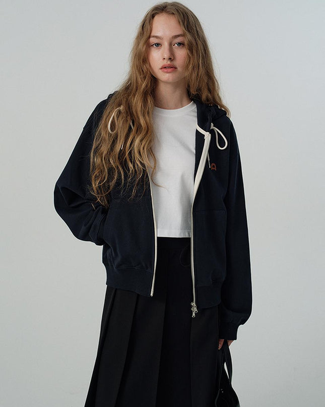 DUNST Women's Leather Logo Semi-Overfit Zip-Up Hoodie French Navy UDTS5A108N2