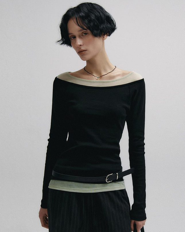Neev Women's Boat Neck Layered Slim T-shirt Black