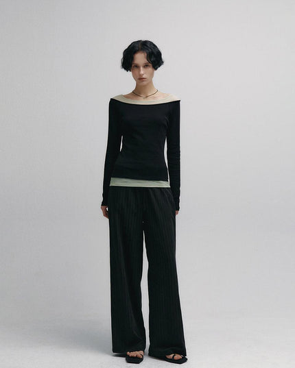 Neev Women's Boat Neck Layered Slim T-shirt Black