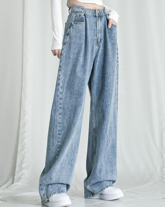 AVANDRESS Women's Buckle Wide Denim Pants Stone Light Blue