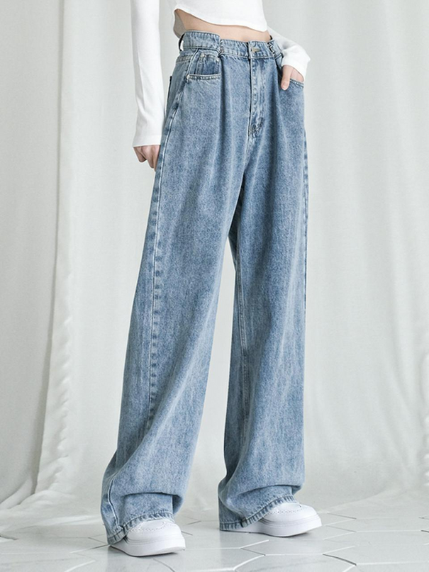 AVANDRESS Women's Buckle Wide Denim Pants Stone Light Blue