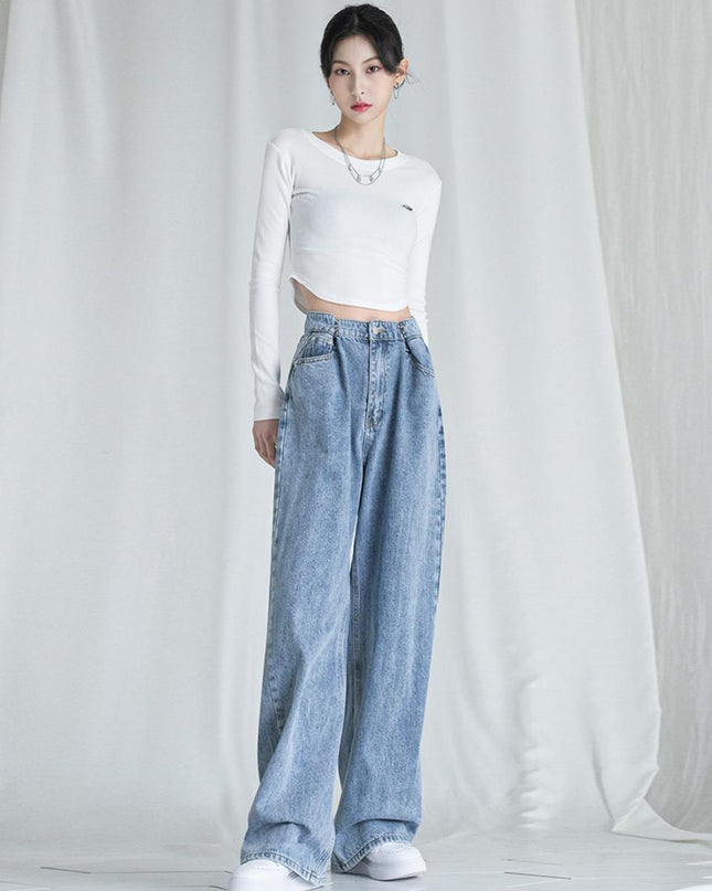 AVANDRESS Women's Buckle Wide Denim Pants Stone Light Blue