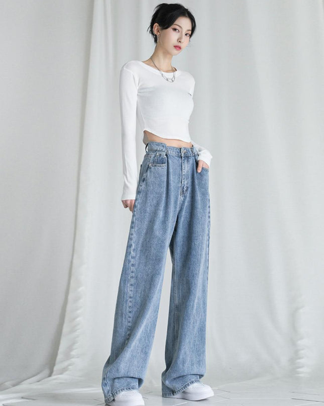 AVANDRESS Women's Buckle Wide Denim Pants Stone Light Blue