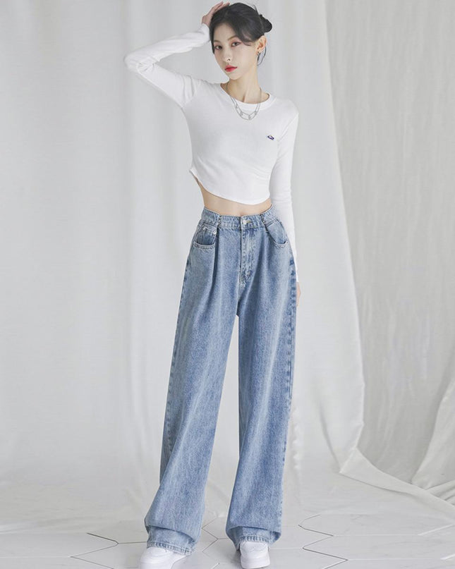 AVANDRESS Women's Buckle Wide Denim Pants Stone Light Blue