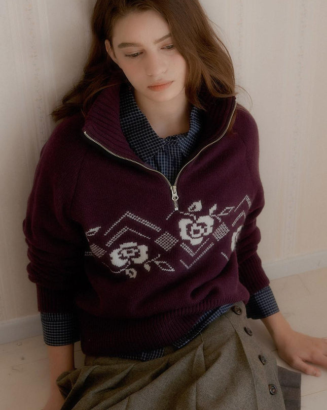 LETTER FROM MOON Women's Nordic Knit Half Zip-Up Sweater