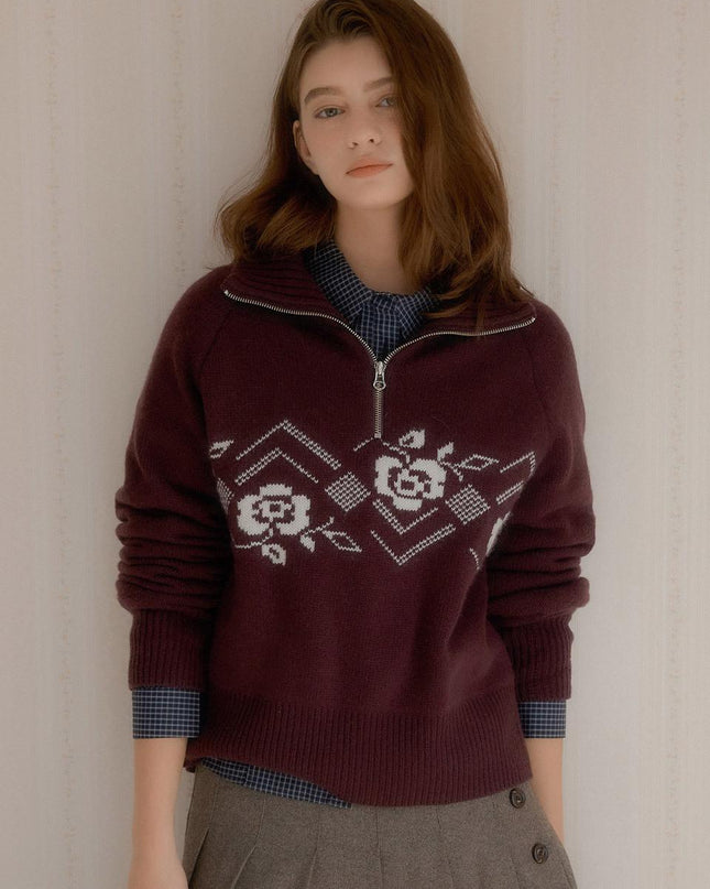 LETTER FROM MOON Women's Nordic Knit Half Zip-Up Sweater