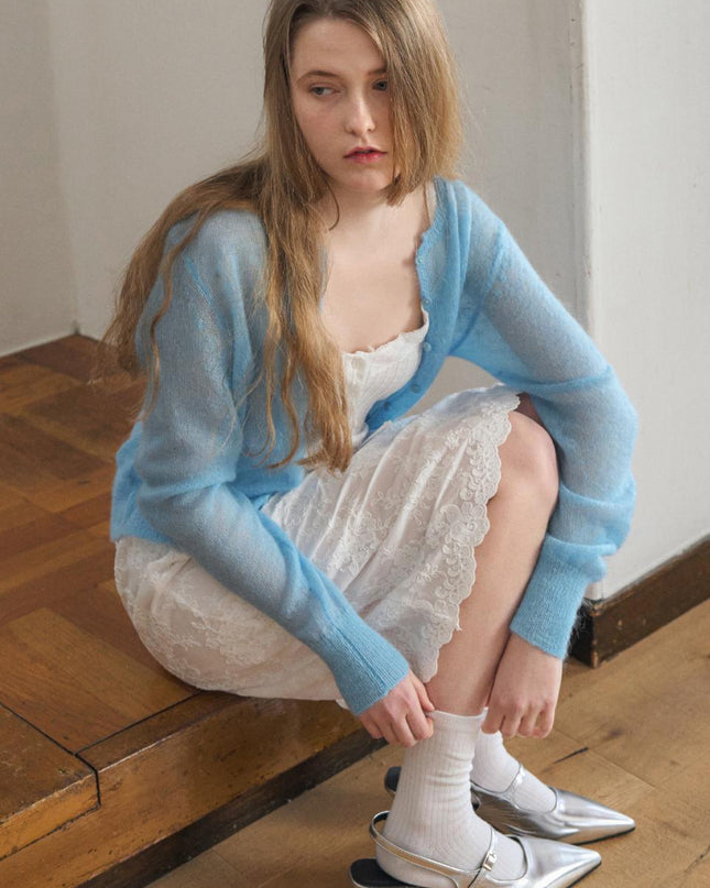 HAINT Women's Sheer Hairy Soft Cardigan Blue