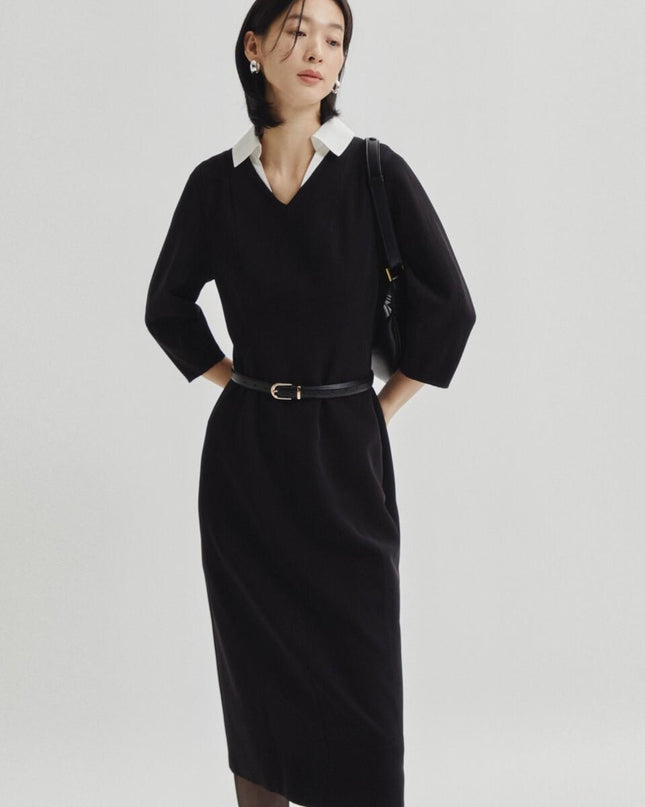 THE IZZAT Women's Volume Sleeve Color Block Collar Dress ISSP0OP405