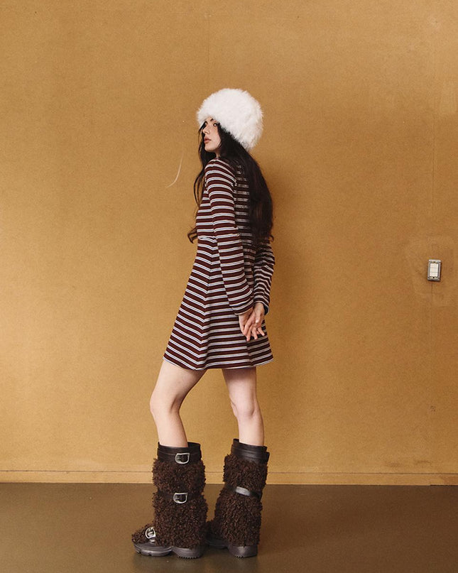 STRIPEMARGARINE Women's Preppy Stripe Midi Dress Brown