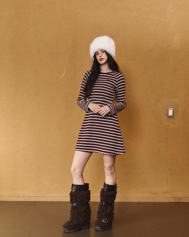STRIPEMARGARINE Women's Preppy Stripe Midi Dress Brown