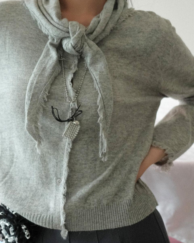 KOOLKITTEN Women's Frayed Knit Cardigan and Scarf Set