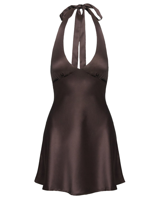 Pelagia Halter Scarf Tie Mini Dress Brown